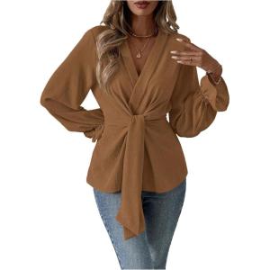 imageMakeMeChic Womens V Neck Bell Sleeve Blouses Top Knot Front Wrap Ruffle Hem BlousesKhaki