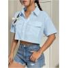 imageMakeMeChic Womens Cropped Button Down Shirt Collar Short Sleeve Pocket Crop TopsBlue