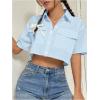 imageMakeMeChic Womens Cropped Button Down Shirt Collar Short Sleeve Pocket Crop TopsBlue