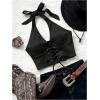 imageMakeMeChic Womens Lace Up Crop Halter Top Shirred Tie Back Sleeveless Suede TopsBlack