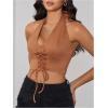 imageMakeMeChic Womens Lace Up Crop Halter Top Shirred Tie Back Sleeveless Suede TopsBrown