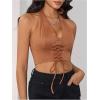 imageMakeMeChic Womens Lace Up Crop Halter Top Shirred Tie Back Sleeveless Suede TopsBrown