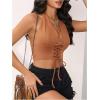 imageMakeMeChic Womens Lace Up Crop Halter Top Shirred Tie Back Sleeveless Suede TopsBrown