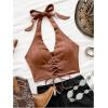 imageMakeMeChic Womens Lace Up Crop Halter Top Shirred Tie Back Sleeveless Suede TopsBrown a