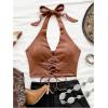 imageMakeMeChic Womens Lace Up Crop Halter Top Shirred Tie Back Sleeveless Suede TopsBrown a