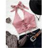 imageMakeMeChic Womens Lace Up Crop Halter Top Shirred Tie Back Sleeveless Suede TopsDusty Pink