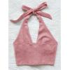 imageMakeMeChic Womens Lace Up Crop Halter Top Shirred Tie Back Sleeveless Suede TopsDusty Pink