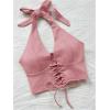 imageMakeMeChic Womens Lace Up Crop Halter Top Shirred Tie Back Sleeveless Suede TopsDusty Pink