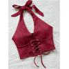 imageMakeMeChic Womens Lace Up Crop Halter Top Shirred Tie Back Sleeveless Suede TopsRed