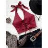 imageMakeMeChic Womens Lace Up Crop Halter Top Shirred Tie Back Sleeveless Suede TopsRed