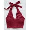imageMakeMeChic Womens Lace Up Crop Halter Top Shirred Tie Back Sleeveless Suede TopsRed