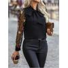 imageMakeMeChic Womens Long Sleeve Shirts Floral Embroidery Mesh Blouse Office Work TopsBlack