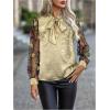 imageMakeMeChic Womens Long Sleeve Shirts Floral Embroidery Mesh Blouse Office Work TopsGold