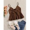 imageMakeMeChic Womens Smocked Peplum Crop Top V Neck Tie Front Boho Sleeveless Shirred CamiCoffee Brown
