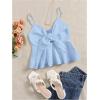 imageMakeMeChic Womens Smocked Peplum Crop Top V Neck Tie Front Boho Sleeveless Shirred CamiSolid Blue