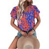 imageMakeMeChic Womens Tropical Print Blouses Short Sleeve Ruffle V Neck Summer Boho Dressy Shirt TopBlue Red