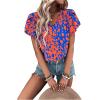 imageMakeMeChic Womens Tropical Print Blouses Short Sleeve Ruffle V Neck Summer Boho Dressy Shirt TopBlue Red