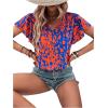 imageMakeMeChic Womens Tropical Print Blouses Short Sleeve Ruffle V Neck Summer Boho Dressy Shirt TopBlue Red