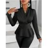 imageMakeMeChic Womens Wrap V Neck Long Sleeve Ruched Satin Shirt Blouse Elegant Peplum TopsBlack