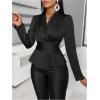 imageMakeMeChic Womens Wrap V Neck Long Sleeve Ruched Satin Shirt Blouse Elegant Peplum TopsBlack
