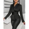 imageMakeMeChic Womens Wrap V Neck Long Sleeve Ruched Satin Shirt Blouse Elegant Peplum TopsBlack