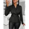 imageMakeMeChic Womens Wrap V Neck Long Sleeve Ruched Satin Shirt Blouse Elegant Peplum TopsBlack