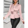 imageMakeMeChic Womens Wrap V Neck Long Sleeve Ruched Satin Shirt Blouse Elegant Peplum TopsDusty Pink