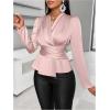imageMakeMeChic Womens Wrap V Neck Long Sleeve Ruched Satin Shirt Blouse Elegant Peplum TopsDusty Pink