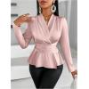 imageMakeMeChic Womens Wrap V Neck Long Sleeve Ruched Satin Shirt Blouse Elegant Peplum TopsDusty Pink