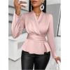 imageMakeMeChic Womens Wrap V Neck Long Sleeve Ruched Satin Shirt Blouse Elegant Peplum TopsDusty Pink