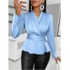 imageMakeMeChic Womens Wrap V Neck Long Sleeve Ruched Satin Shirt Blouse Elegant Peplum TopsLight Blue