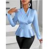 imageMakeMeChic Womens Wrap V Neck Long Sleeve Ruched Satin Shirt Blouse Elegant Peplum TopsLight Blue