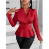 imageMakeMeChic Womens Wrap V Neck Long Sleeve Ruched Satin Shirt Blouse Elegant Peplum TopsRed