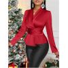 imageMakeMeChic Womens Wrap V Neck Long Sleeve Ruched Satin Shirt Blouse Elegant Peplum TopsRed