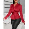 imageMakeMeChic Womens Wrap V Neck Long Sleeve Ruched Satin Shirt Blouse Elegant Peplum TopsRed