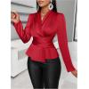 imageMakeMeChic Womens Wrap V Neck Long Sleeve Ruched Satin Shirt Blouse Elegant Peplum TopsRed