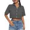 imageMakeMeChic Womens Cropped Button Down Shirt Collar Short Sleeve Pocket Crop TopsGrey