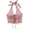 imageMakeMeChic Womens Lace Up Crop Halter Top Shirred Tie Back Sleeveless Suede TopsDusty Pink