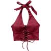 imageMakeMeChic Womens Lace Up Crop Halter Top Shirred Tie Back Sleeveless Suede TopsRed