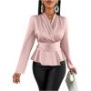 imageMakeMeChic Womens Wrap V Neck Long Sleeve Ruched Satin Shirt Blouse Elegant Peplum TopsDusty Pink