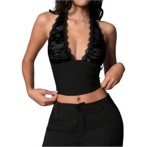 imageMakeMeChic Womens Corset Top Going Out Sexy Halter Top Cheetah Print Backless Deep V Neck TopBlack