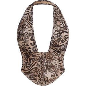 imageMakeMeChic Womens Corset Top Going Out Sexy Halter Top Cheetah Print Backless Deep V Neck TopMulticolor