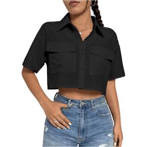 imageMakeMeChic Womens Cropped Button Down Shirt Collar Short Sleeve Pocket Crop TopsBlack