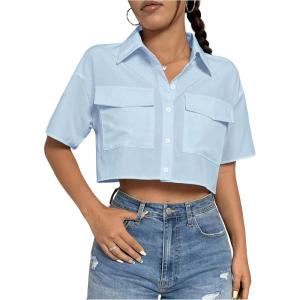 imageMakeMeChic Womens Cropped Button Down Shirt Collar Short Sleeve Pocket Crop TopsBlue