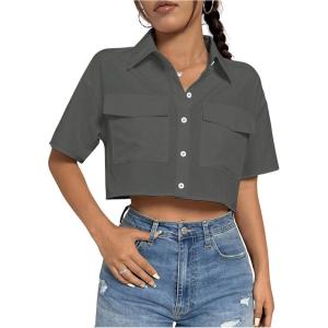 imageMakeMeChic Womens Cropped Button Down Shirt Collar Short Sleeve Pocket Crop TopsGrey