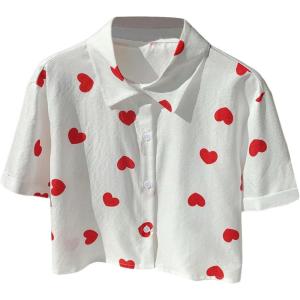 imageMakeMeChic Womens Cropped Button Down Shirt Collar Short Sleeve Pocket Crop TopsHeart Print White