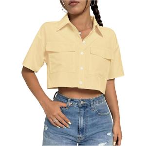 imageMakeMeChic Womens Cropped Button Down Shirt Collar Short Sleeve Pocket Crop TopsMustard Yellow