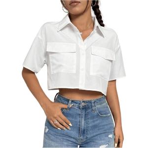imageMakeMeChic Womens Cropped Button Down Shirt Collar Short Sleeve Pocket Crop TopsWhite