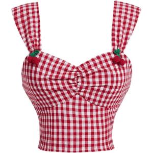 imageMakeMeChic Womens Gingham Print Tank Crop Top Cherry Sleeveless Ruched Summer ShirtsRed and White