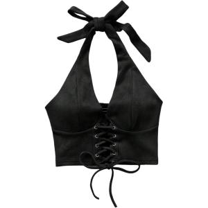 imageMakeMeChic Womens Lace Up Crop Halter Top Shirred Tie Back Sleeveless Suede TopsBlack